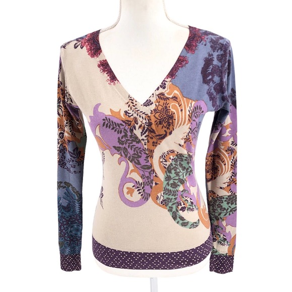 Etro Womens Size IT 40 Silk & Cashmere Blend Lightweight Printed Sweater V-Neck - Picture 1 of 9